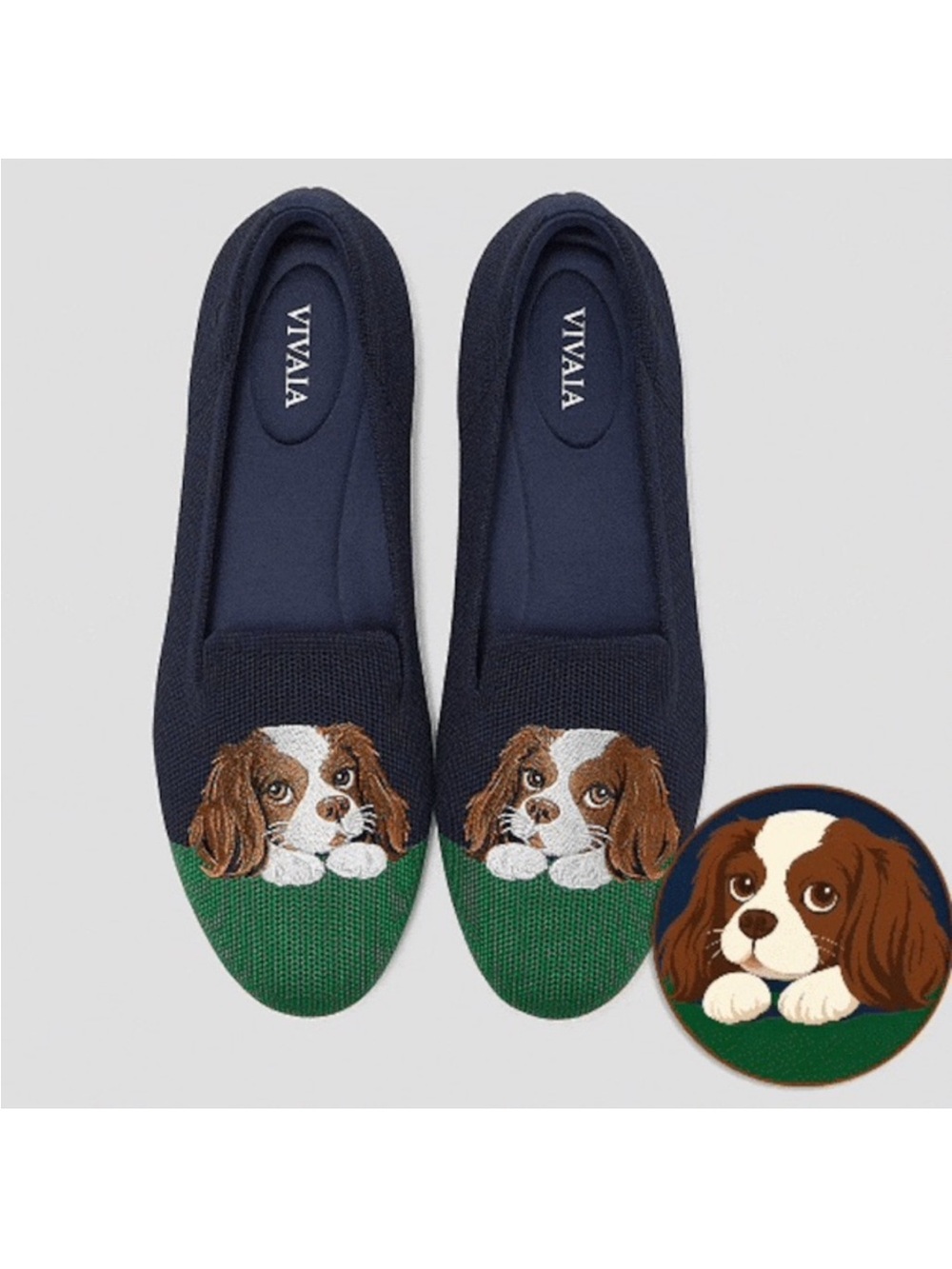 VIVAIA Audrey Round-Toe Embroidered Loafers in the Navy Green - Cavalier dog